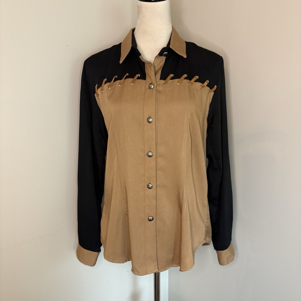 VTG 90s Circle T Marilyn Lenox Western Shirt Suede Lace Up Black Brown Medium